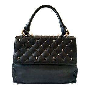 THOMAS WYLDE Leather Top Handle Skull Studded Quilted Flap Black Satchel Bag